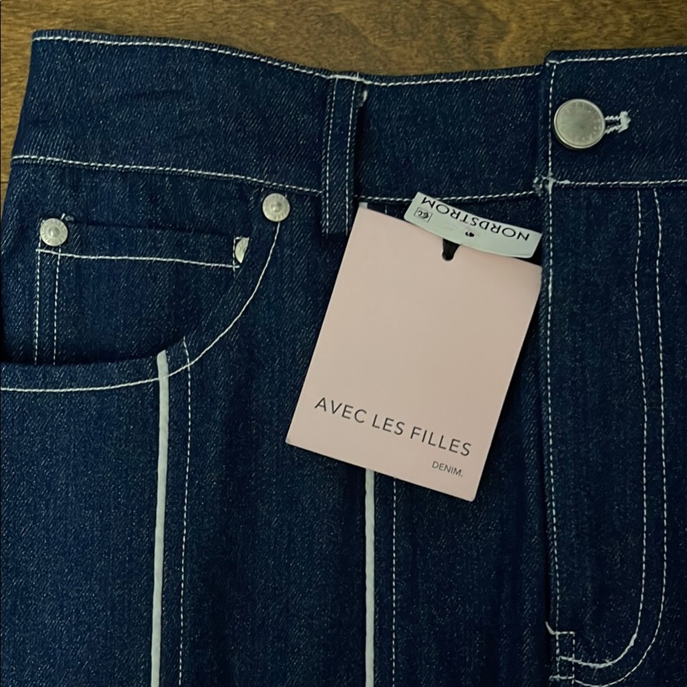New, AVEC LES FILLES Denim Skirt with White Stitching - Picture 2 of 9